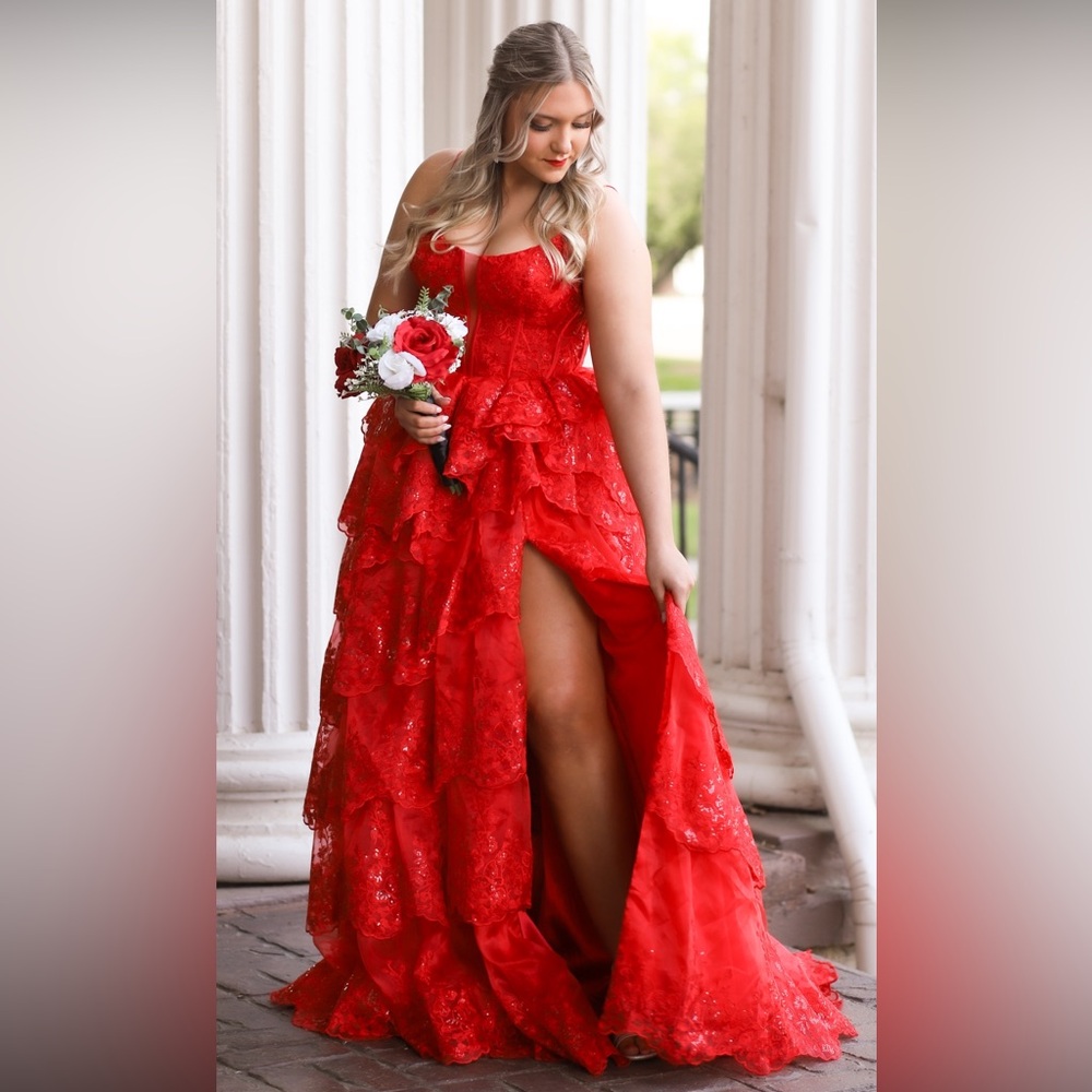 Jovani Red Sequin Ruffle Prom Dress Size 10 - Picture 3 of 6
